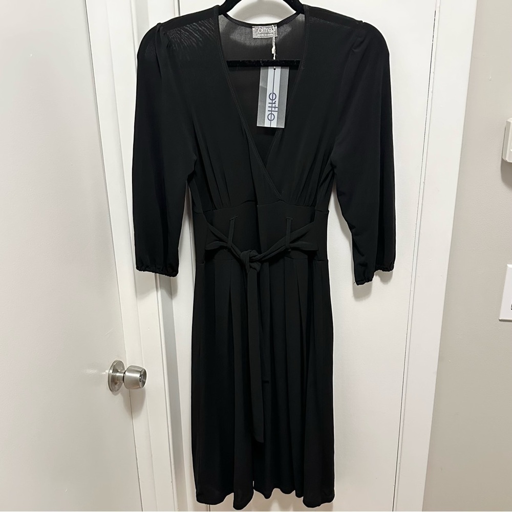 OLTRE Little Black Dress LBD 3/4 Sleeve Tie Belt Italy NWT Sz Small stretchy